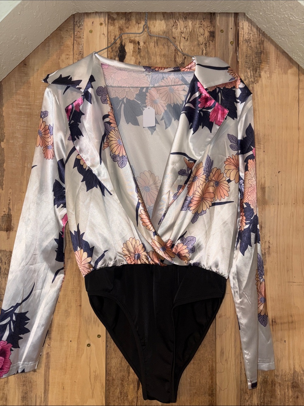 #113 Floral Satin Surplice Bodysuit in Silver and Black